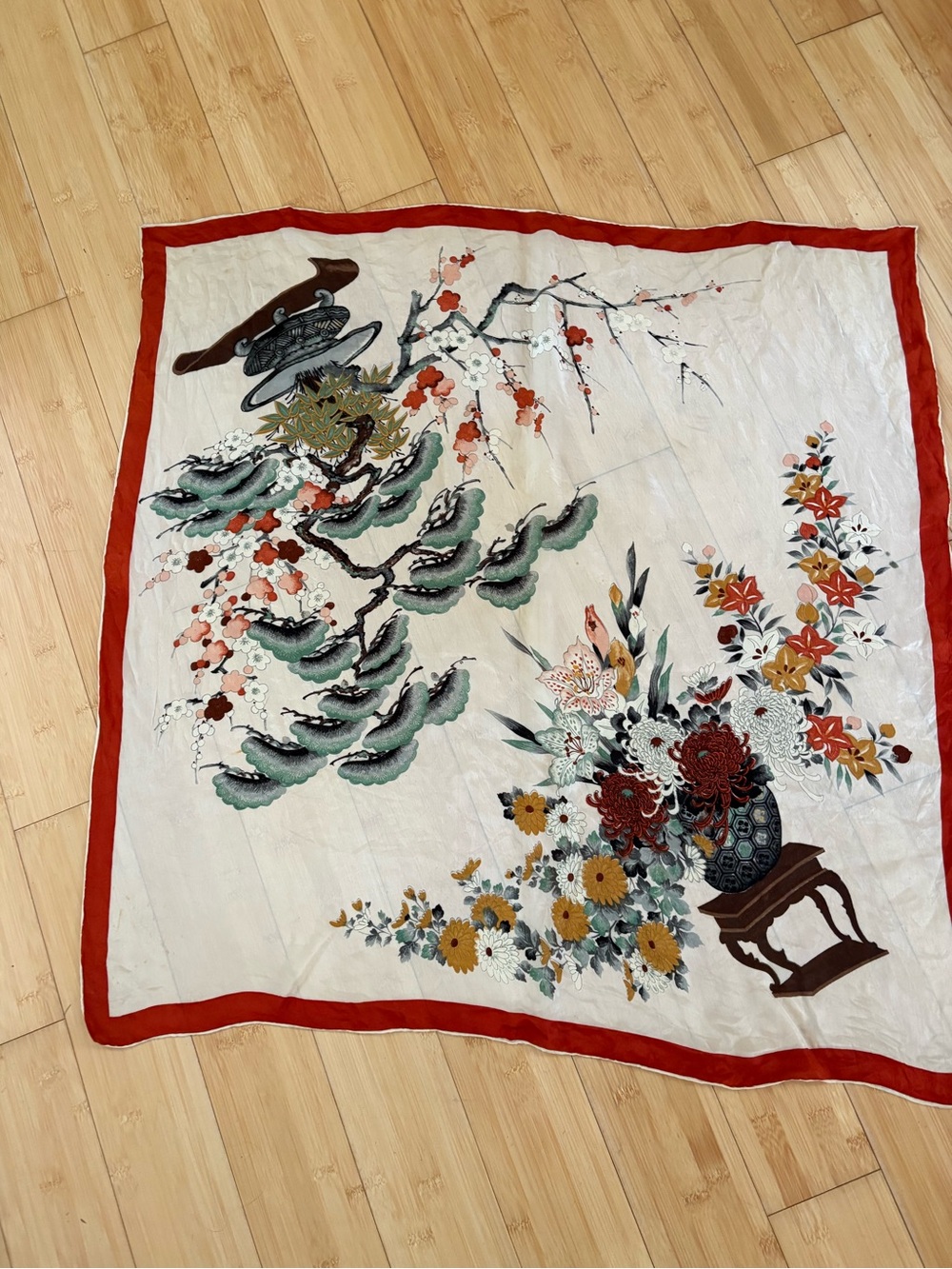 Vintage Floral Botanical Silk Scarf with Red Border